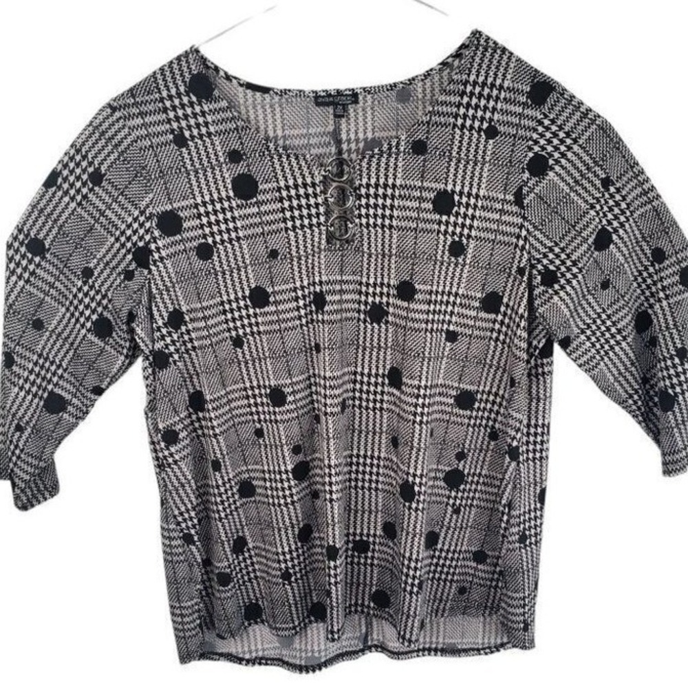 Ava & Grace‎ Woman Houndstooth Polka Dot Ring Neck Blouse Black White 2X